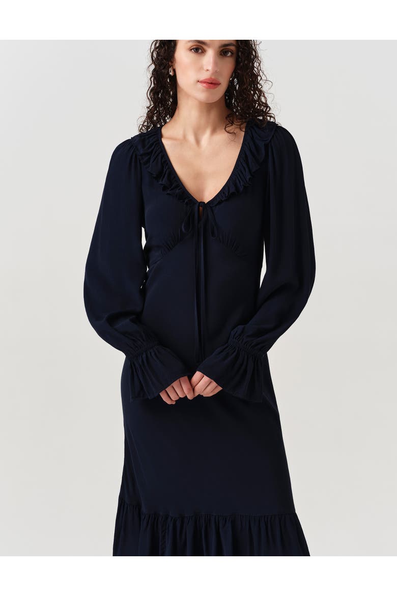 Melina Crepe Ruffle Hem Midi Dress, Alternate, color, Navy