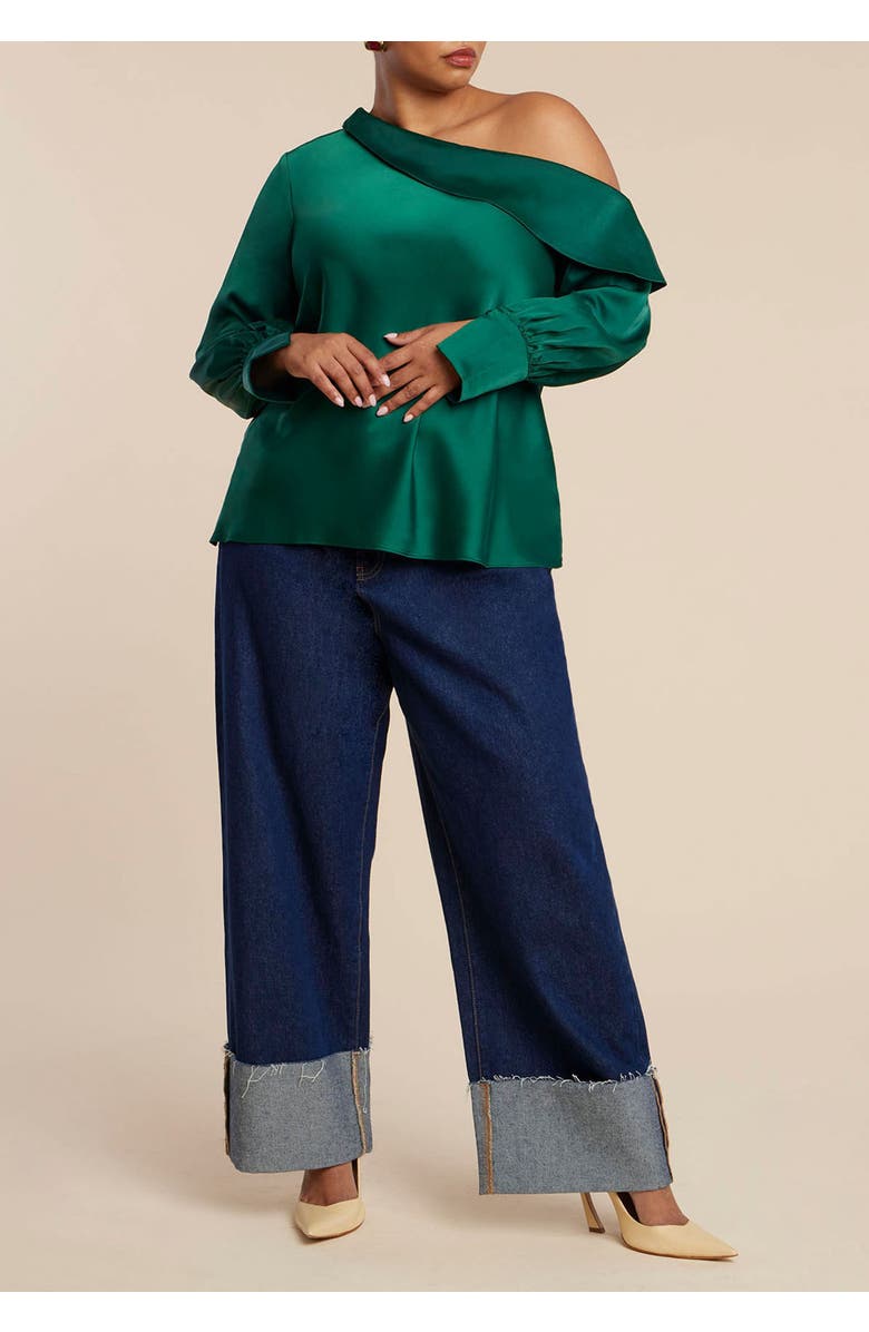 ELOQUII Asym Foldover Blouse, Alternate, color, Dark Green