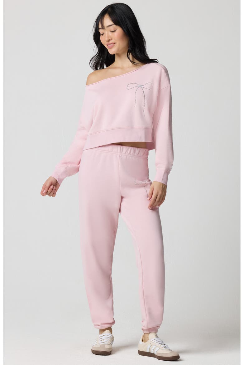 Crystal Bow Off the Shoulder Crop Sweatshirt, Alternate, color, BALLET SLIPPER