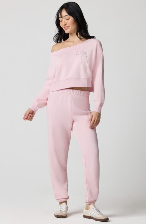 Florence By Mills Crystal Bow Off The Shoulder Crop Sweatshirt In Pink