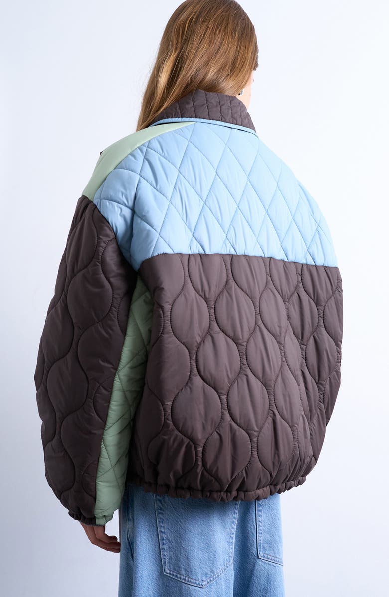 Topshop Patchwork Quilted Jacket, Alternate, color, Brown/ Light Blue