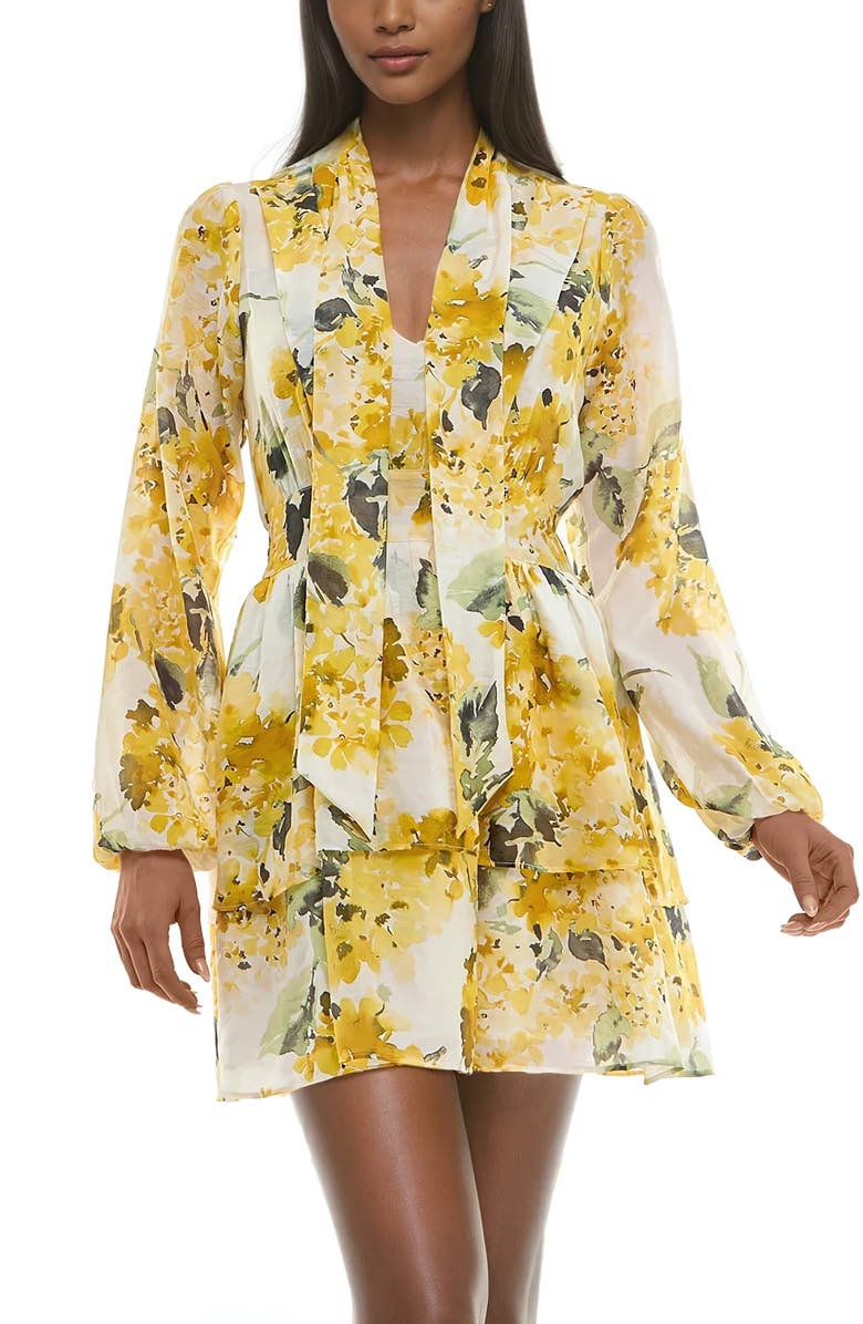 Socialite Floral Print Tiered Long Sleeve Minidress, Alternate, color, Yellow/ Sage