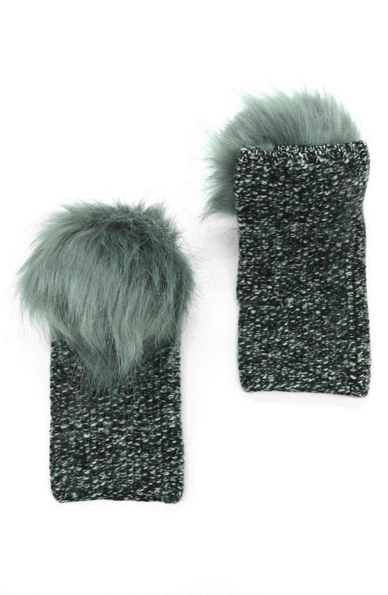 Portolano Faux Fur Pom Cashmere Tweed Fingerless Gloves, Alternate, color, Black/ Yogi Ivory