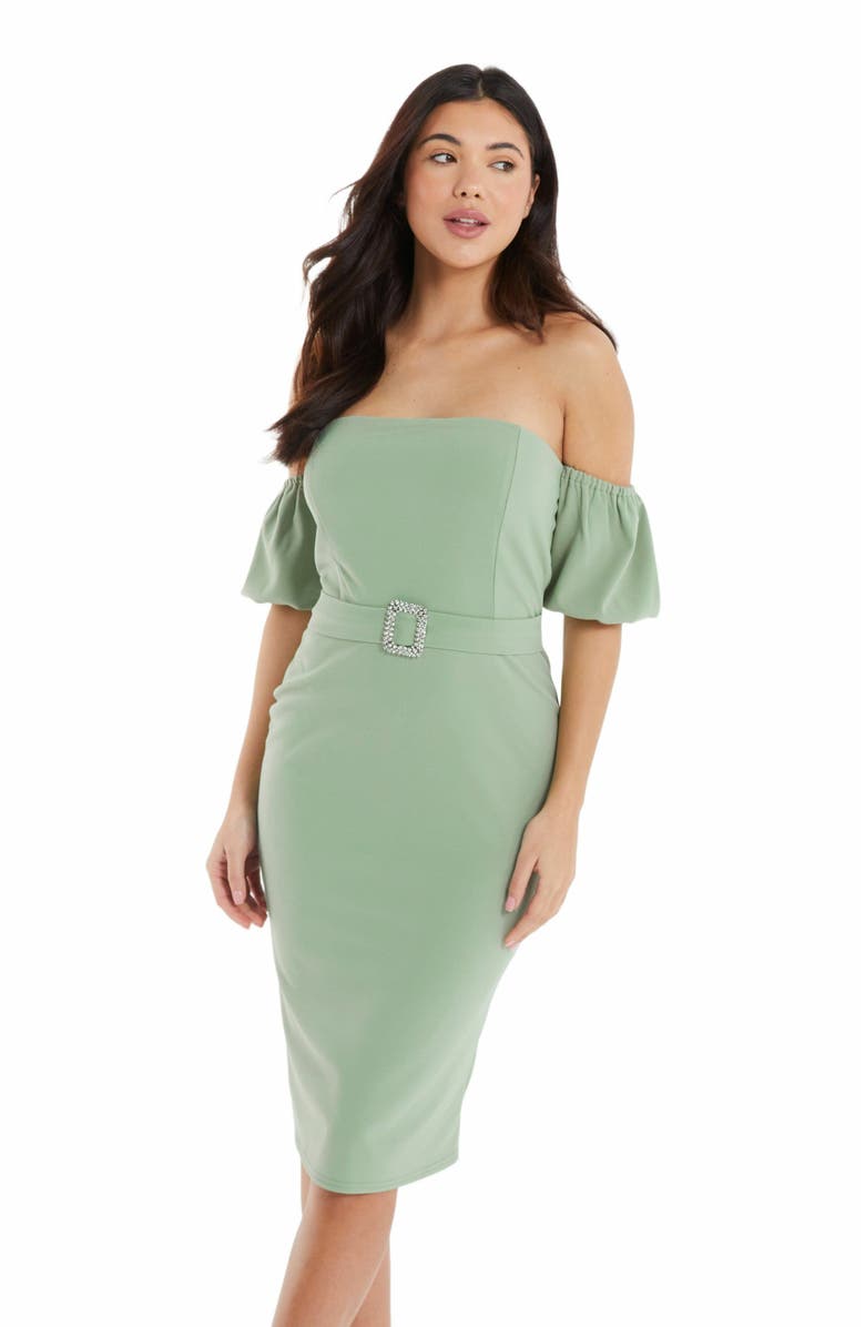 QUIZ Scuba Crepe Bardot Dress, Alternate, color, Green