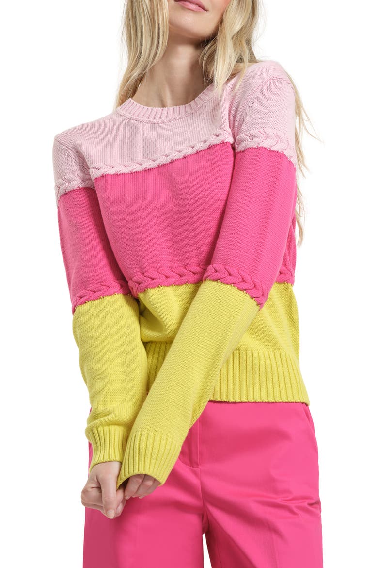 Braid Accent Colorblock Cotton Crewneck Sweater, Main, color, FUCHSIA/ MULTI