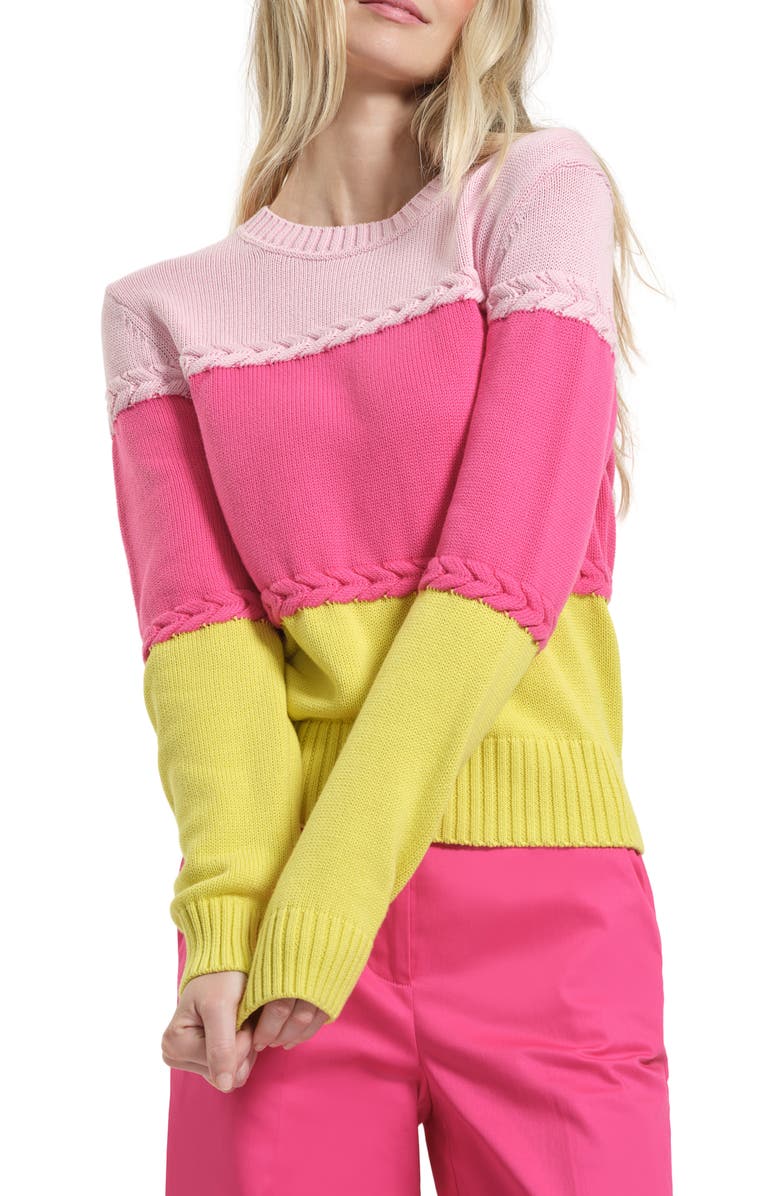 Isaac Mizrahi New York Braid Accent Colorblock Cotton Crewneck Sweater, Main, color, Fuchsia/ Multi