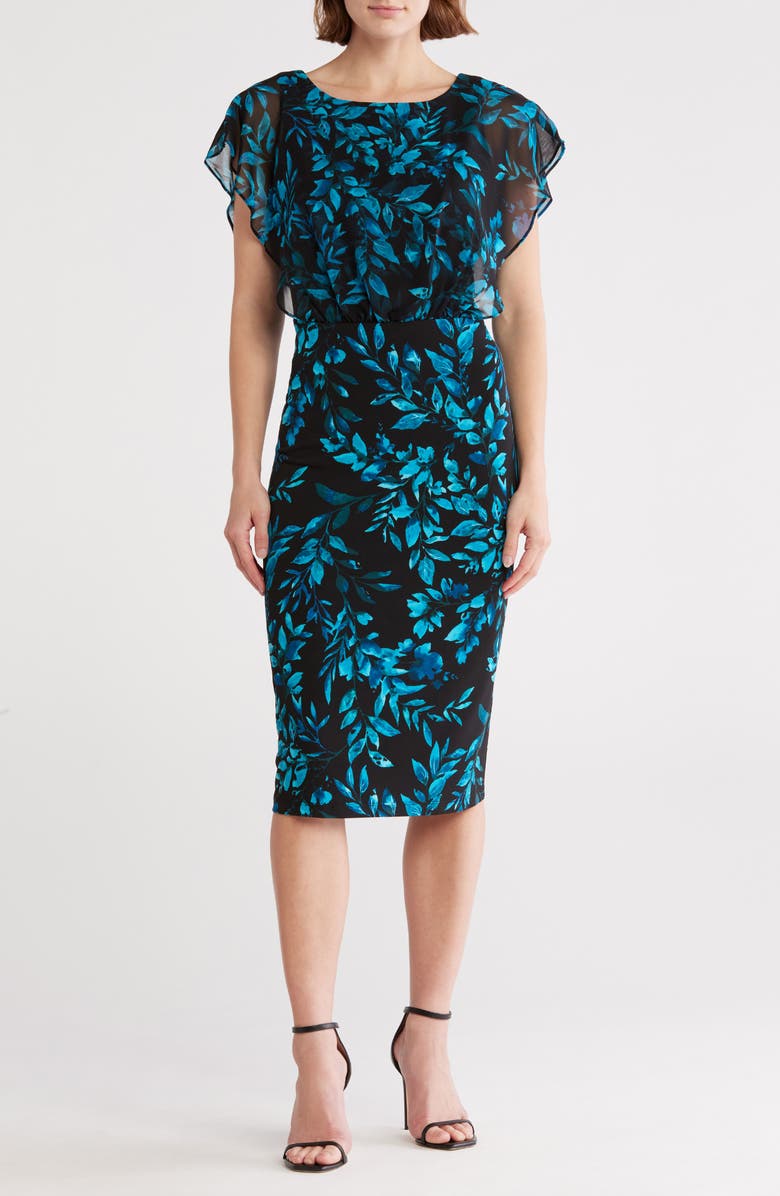 Connected Apparel Chiffon Overlay Midi Dress, Main, color,