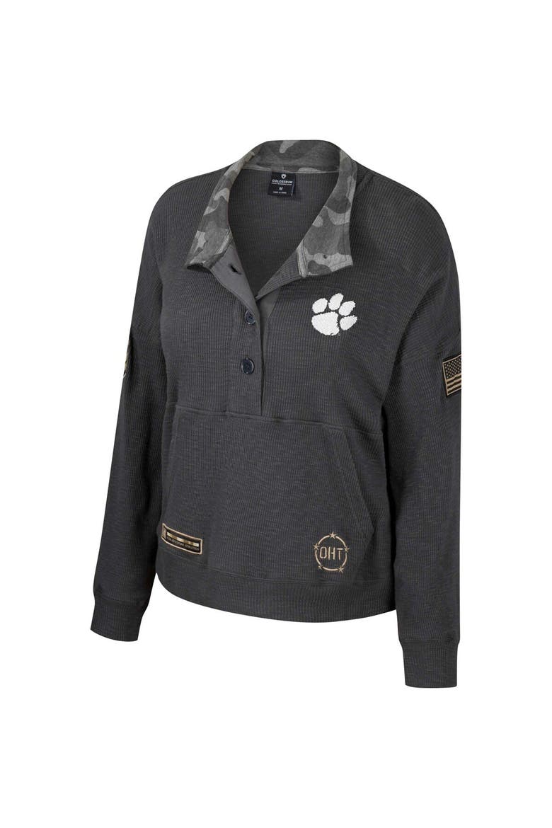 Women's Colosseum  Heather Charcoal Clemson Tigers OHT Military Appreciation Payback Henley Thermal Sweatshirt, Alternate, color, Heather Charcoal