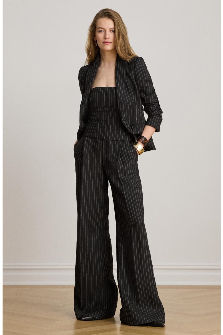 Chalk Stripe Wide Leg Linen Pants, Alternate, color, BLACK/ BEIGE