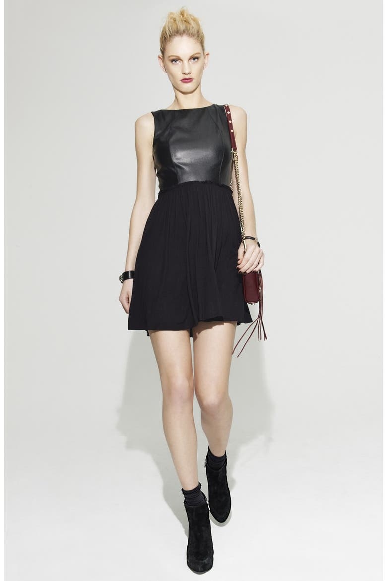 Faux Leather Fit & Flare Dress, Alternate, color, BLACK