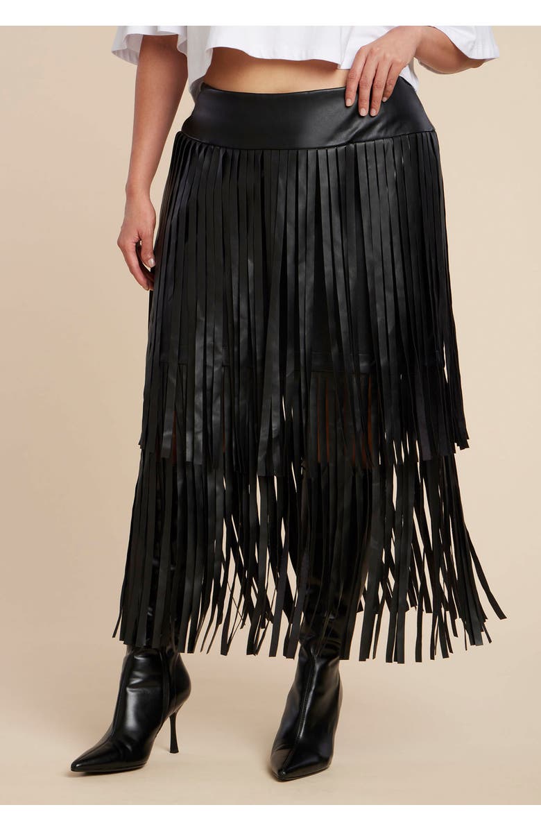 ELOQUII Faux Leather Fringe Skirt, Alternate, color, 