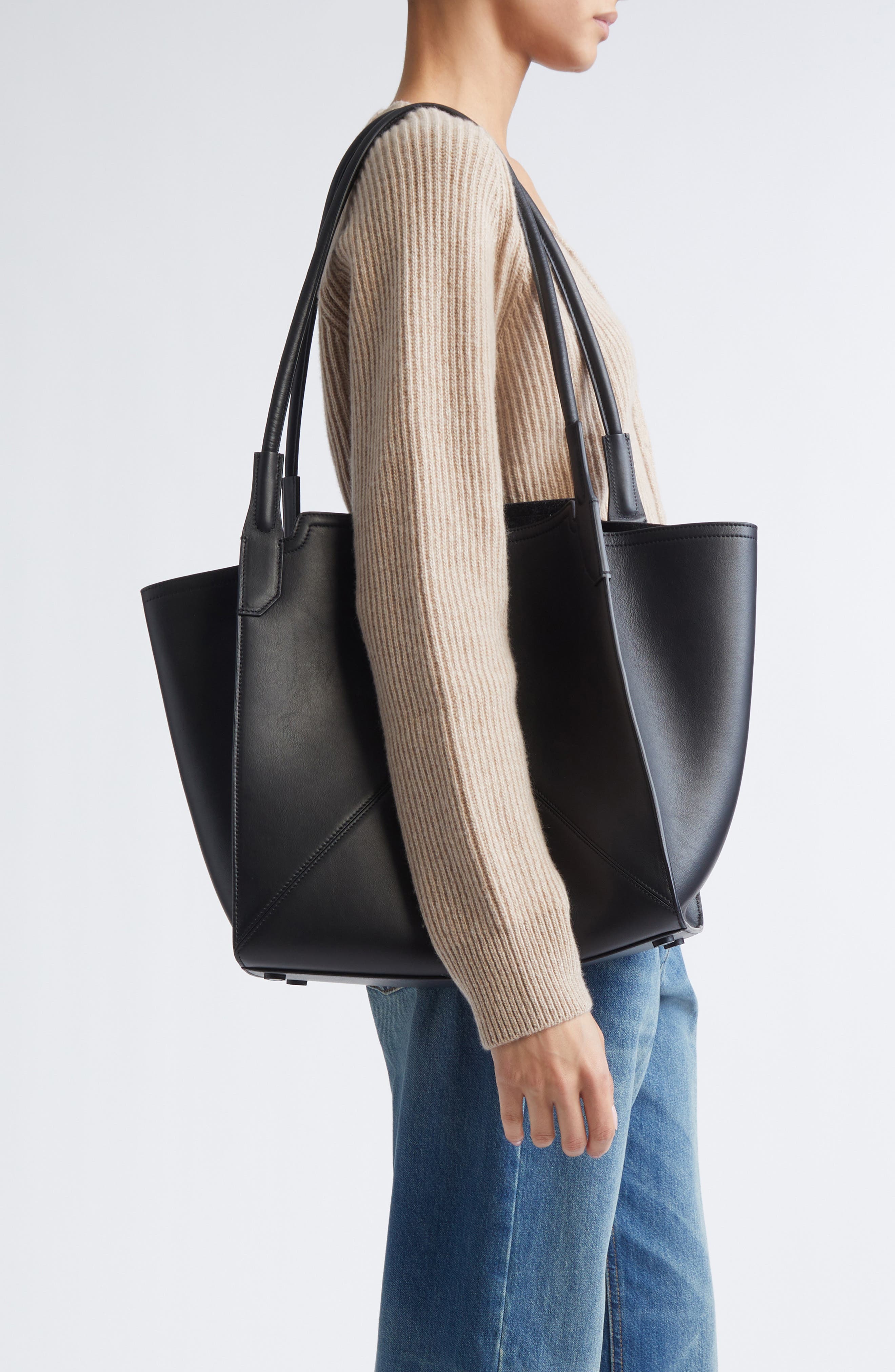 Victoria Beckham Small Victoria Leather Tote, Alternate, color, Black