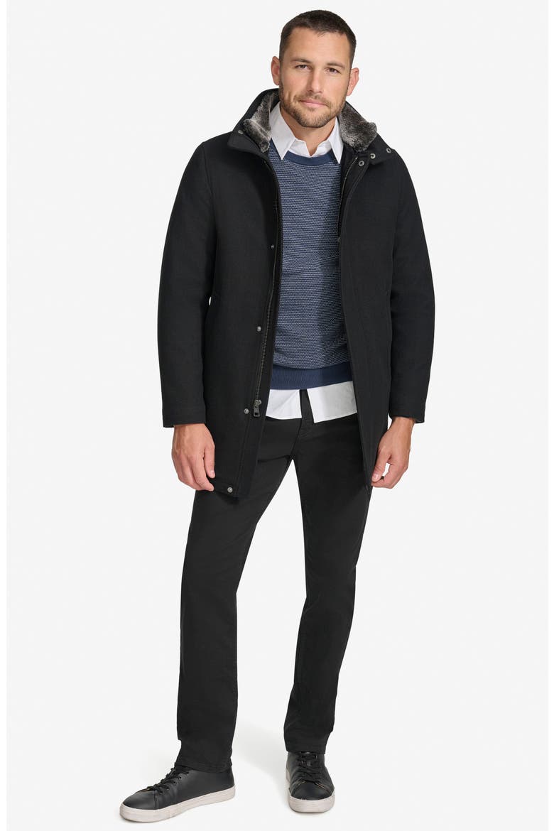 Walking Wool Blend Coat with Faux Fur Trim, Alternate, color, BLACK