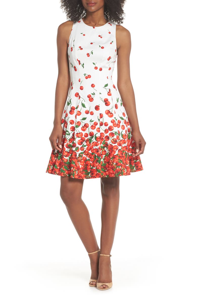 Print Fit & Flare Dress, Main, color, SOFT WHITE/ RED