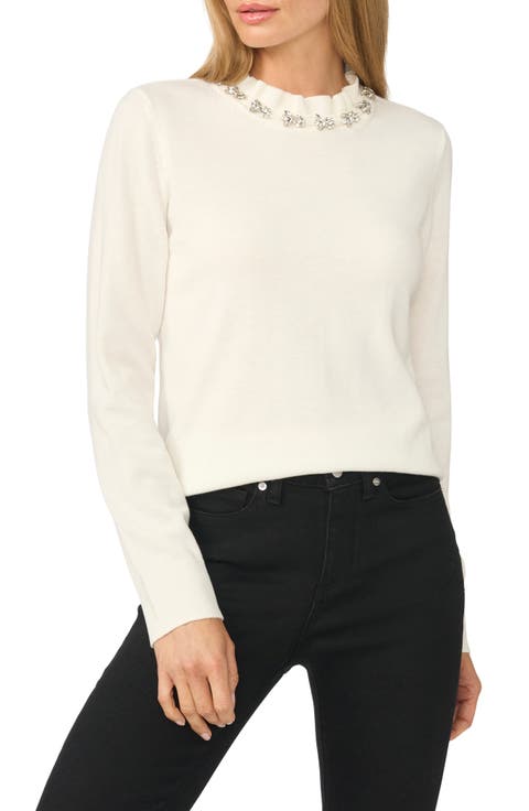 Rhinestone Embellished Ruffle Neck Sweater