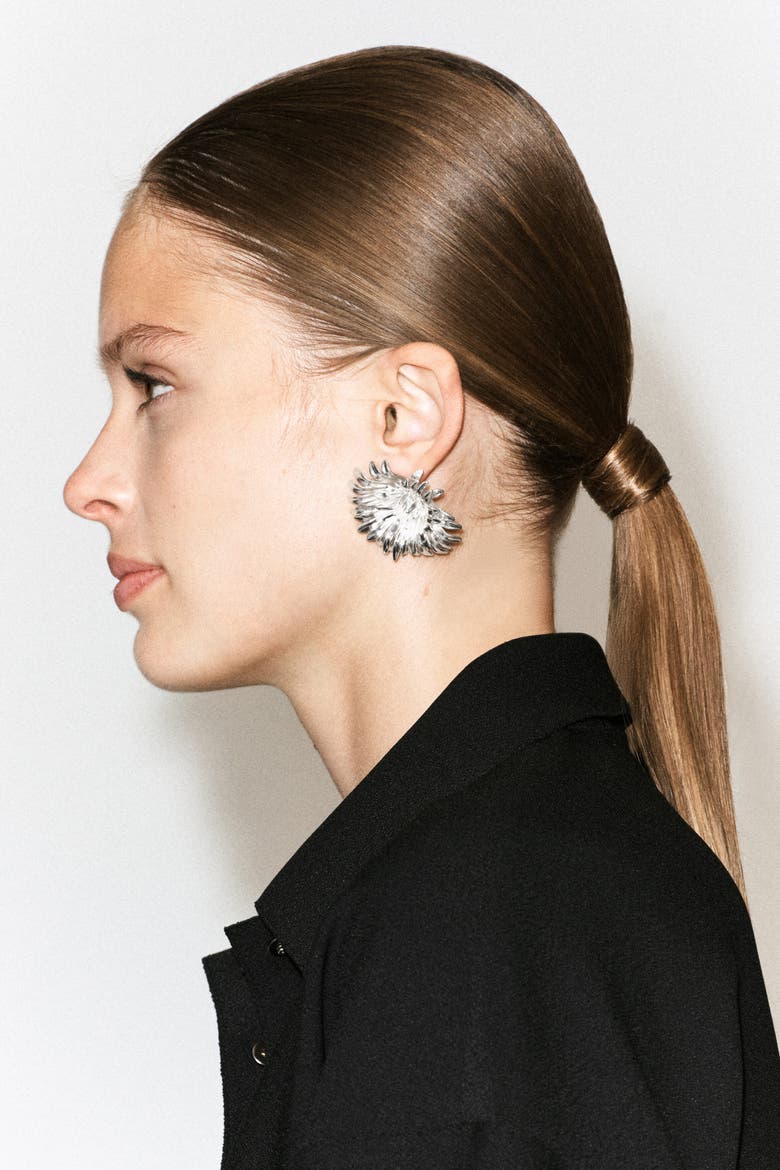 Asymmetric Abstract Floral Earrings, Alternate, color, SILVER