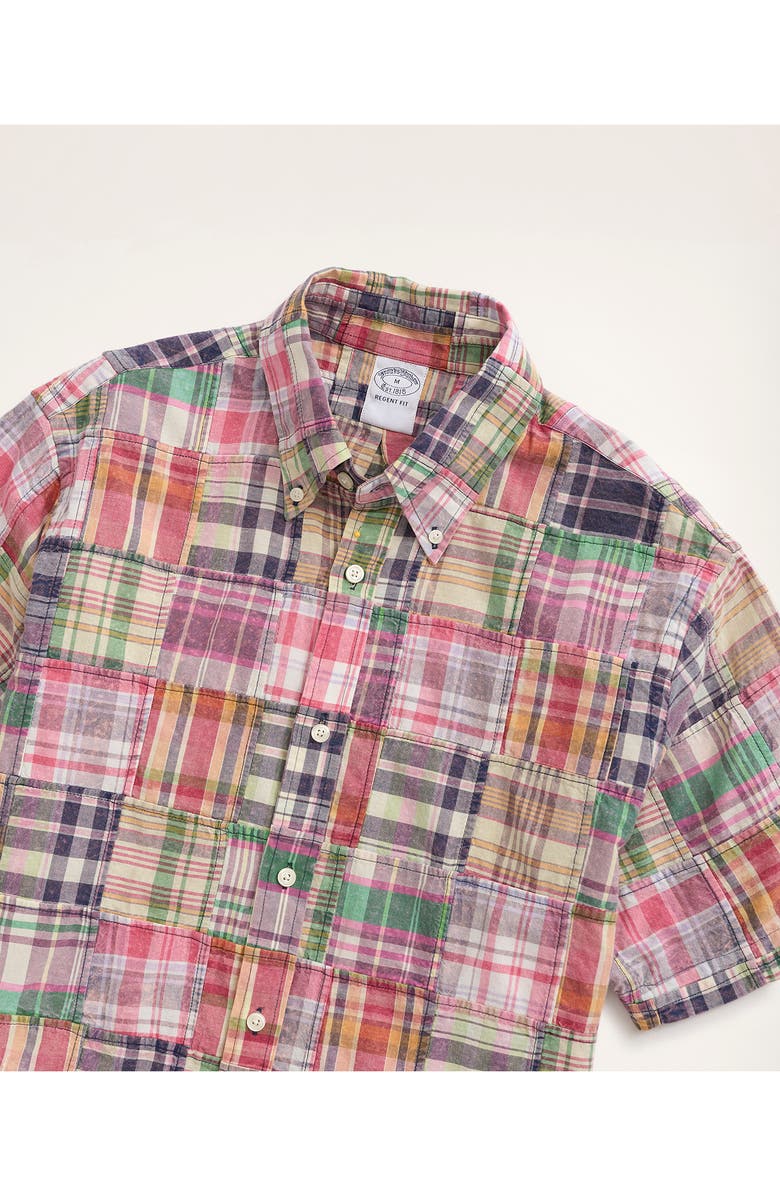 Brooks Brothers Regent Fit Plaid Patchwork Short Sleeve Madras Button-Down Shirt, Alternate, color, Fadedpw