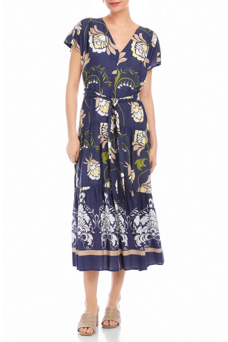Tiered Tie Waist Midi Dress, Main, color, BLUE PRINT