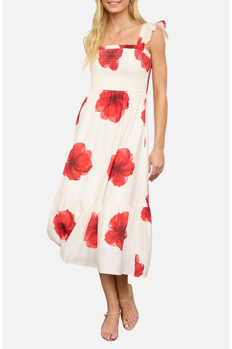 Ruffle Strap Smocked Midi Dress, Main, color, RED/ IVORY
