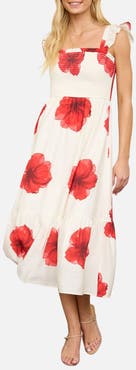 AUGUST SKY Ruffle Strap Smocked Midi Dress