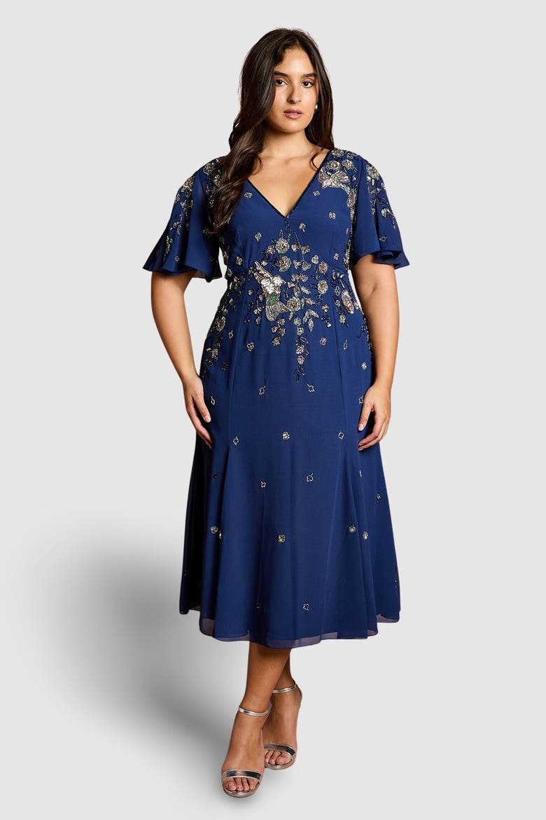 Plus Floral Embellished Midi Dress, Main, color, Navy