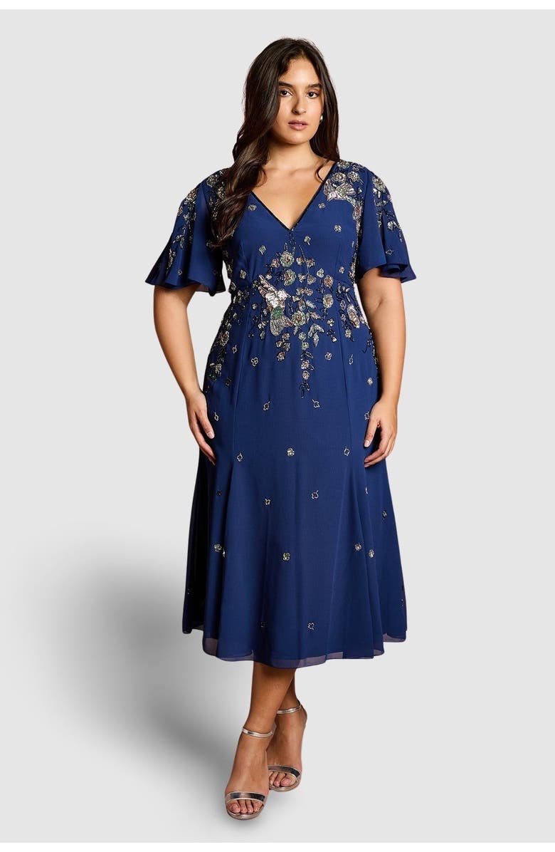 Coast Plus Floral Embellished Midi Dress, Main, color, Navy