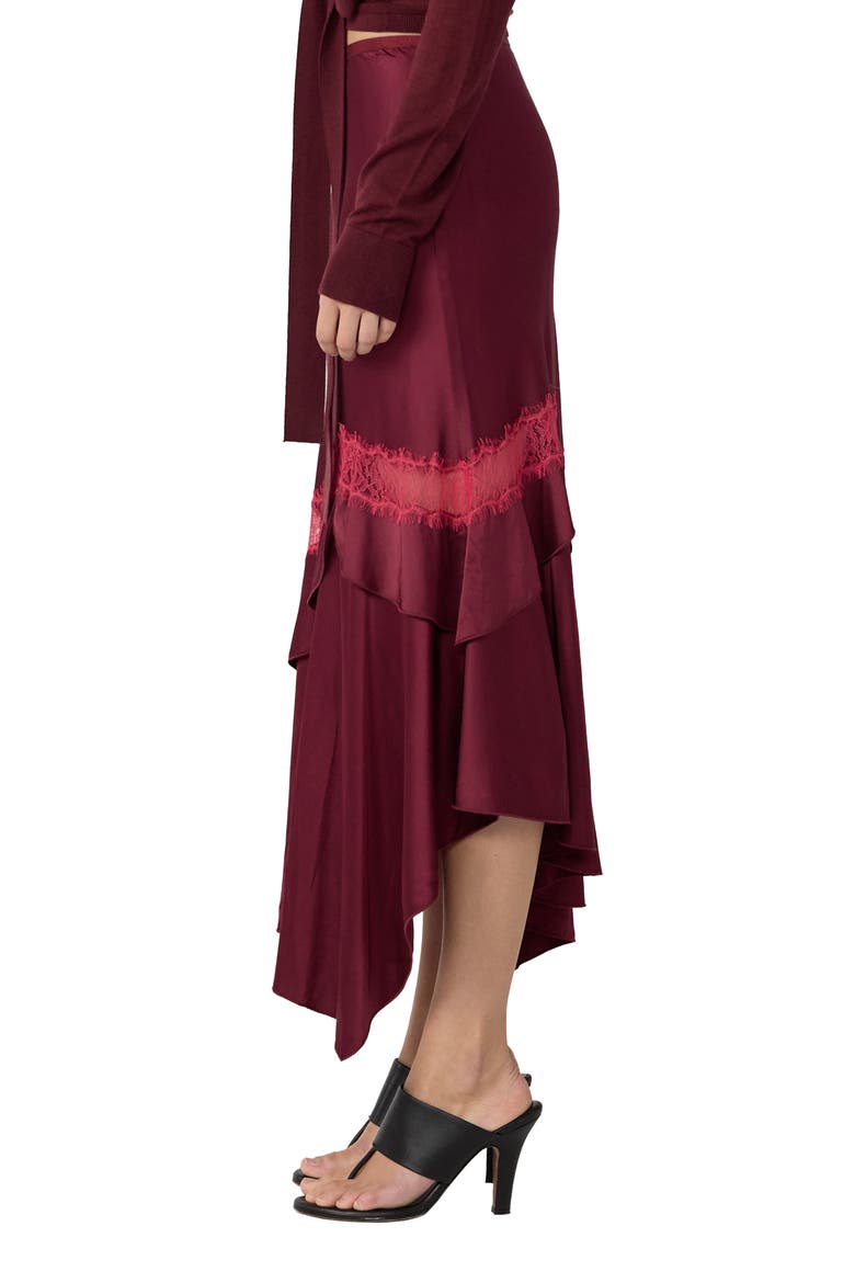 Sylvie Lace Trim Handkerchief Hem Satin Skirt, Alternate, color, CHERRY WOOD