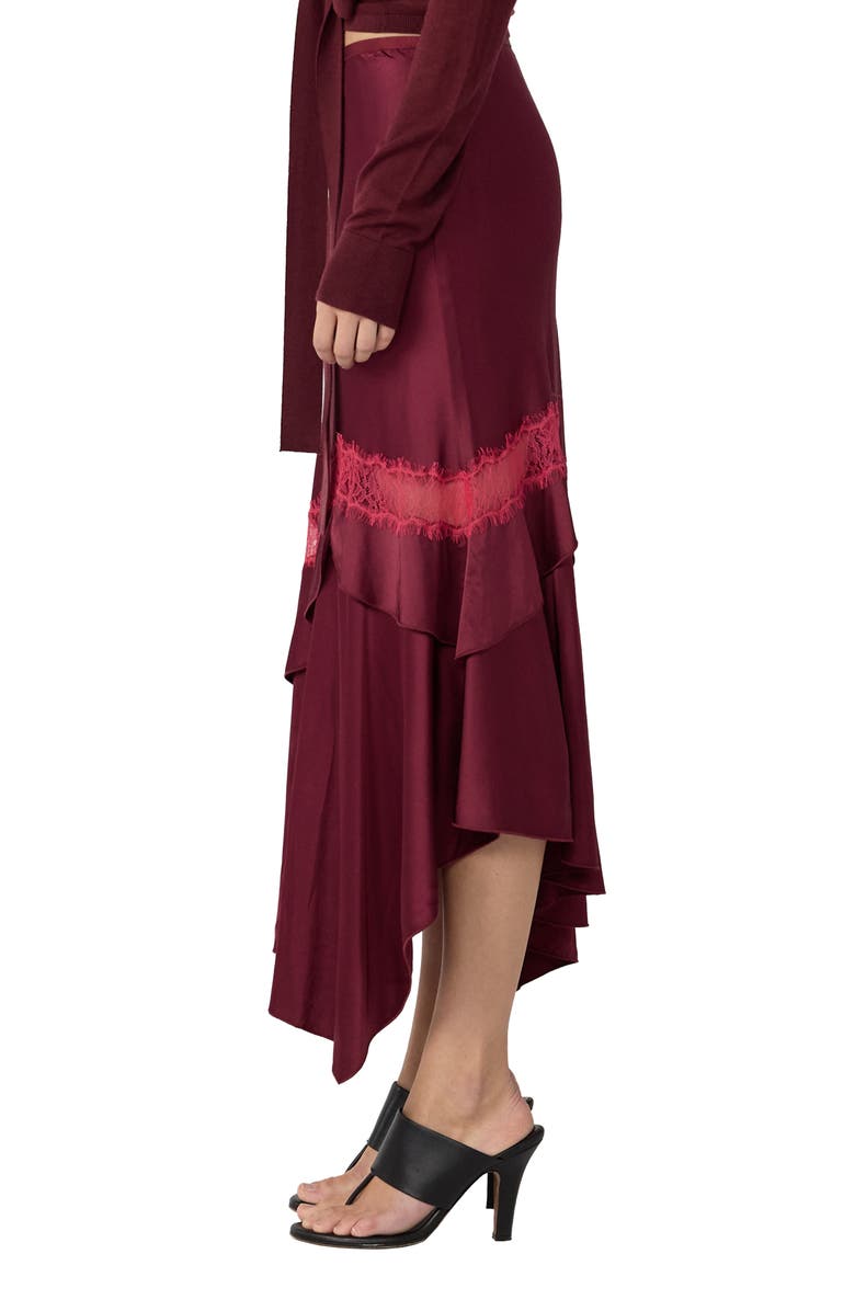 DVF Sylvie Lace Trim Handkerchief Hem Satin Skirt, Alternate, color, Cherry Wood
