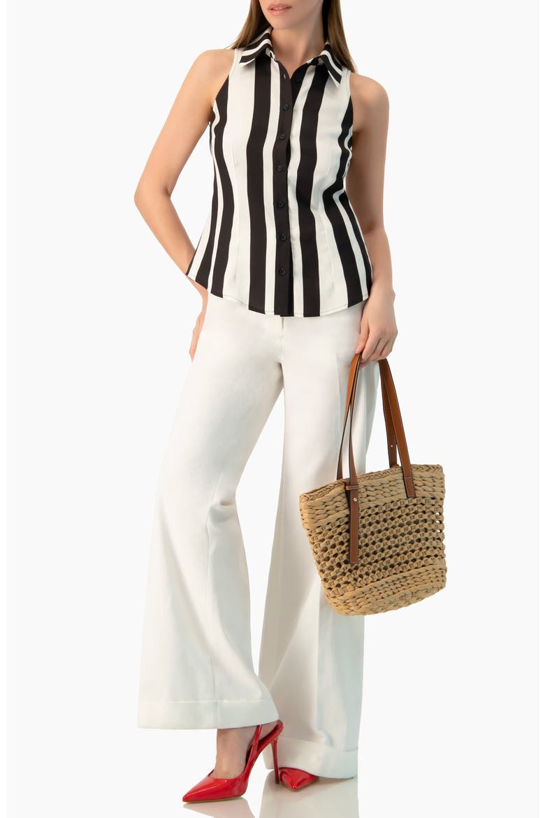 Bold Vertical Stripe Sleeveless Fitted Button-Front Shirt, Alternate, color, Black