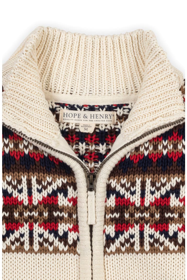 Kids' Organic Long Sleeve Full Zip Mock Neck Intarsia Sweater, Alternate, color, Ivory Fireside Geo
