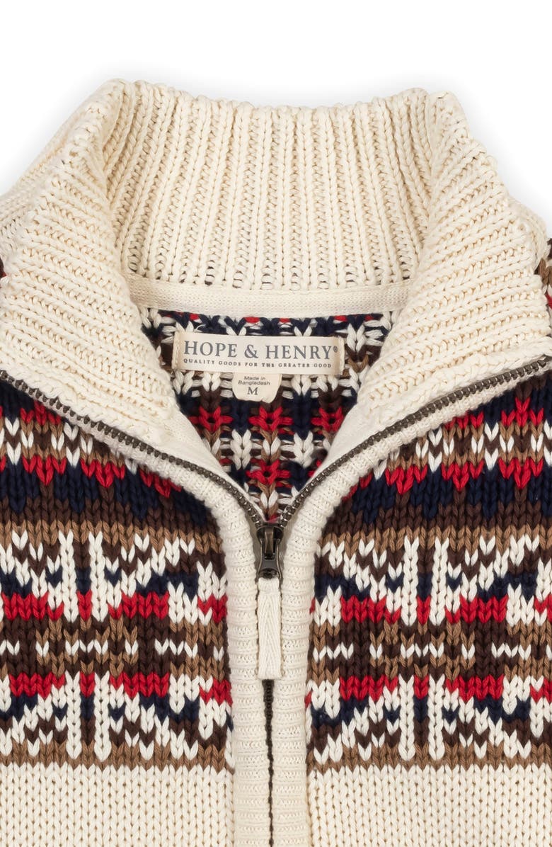 Hope & Henry Kids' Organic Long Sleeve Full Zip Mock Neck Intarsia Sweater, Alternate, color, Ivory Fireside Geo