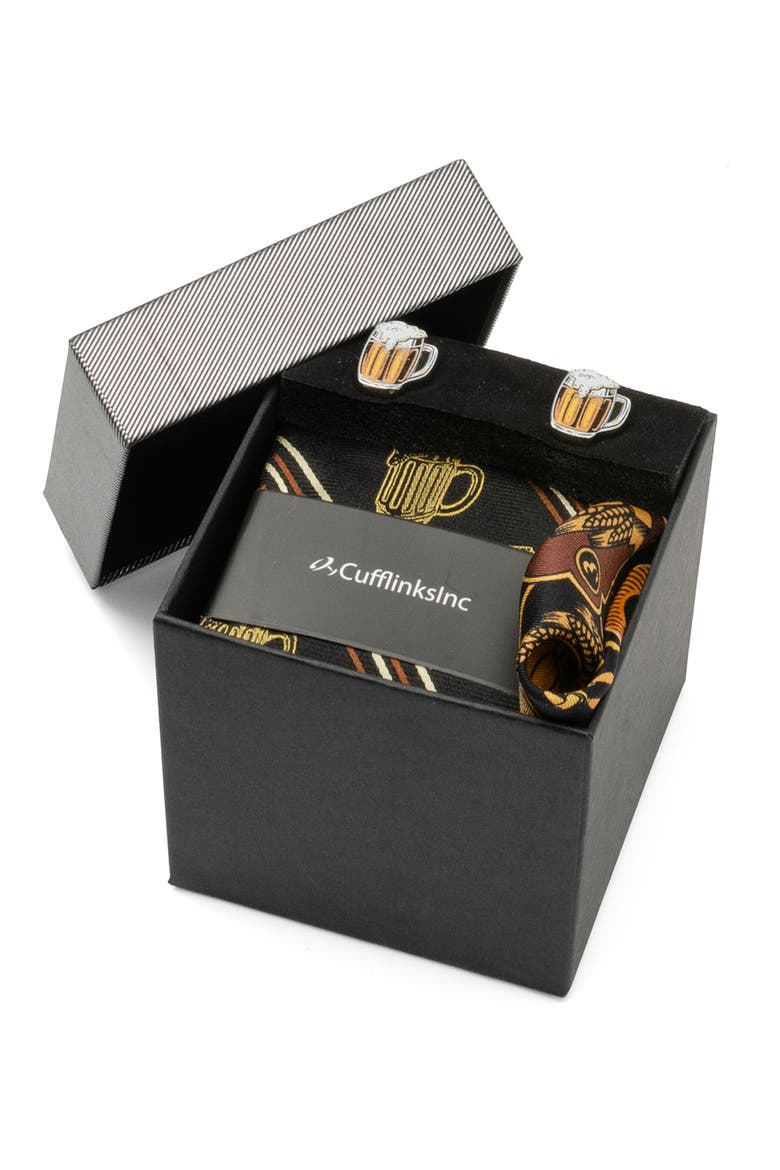 Beer Fan Cuff Links, Tie & Pocket Square Set, Alternate, color, BLACK