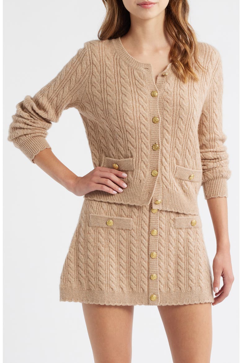 Eugenie Cable Knit Cashmere & Wool Cardigan, Main, color, CAMEL MELANGE