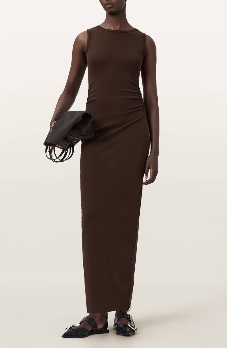 AllSaints Katarina Ruched Side Maxi Dress, Main, color, Torte Brown