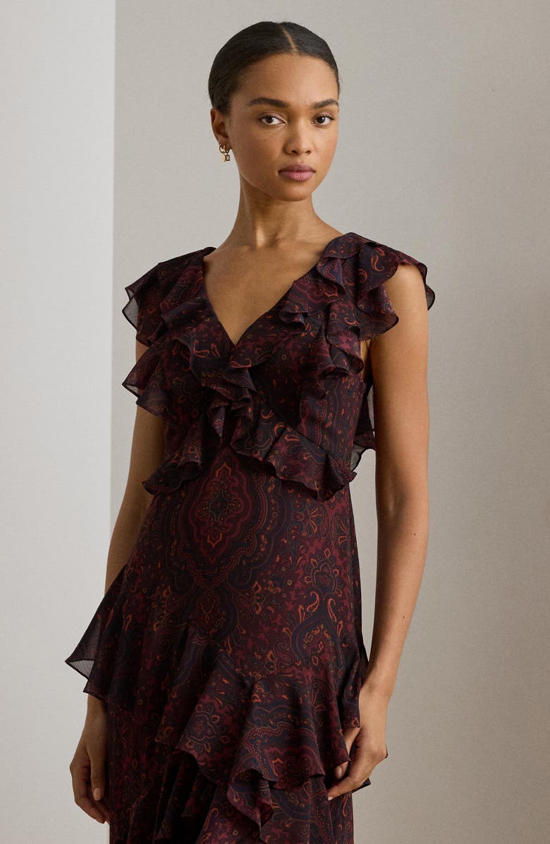 Lauren Ralph Lauren Paisley Tiered Ruffle Trim Gown, Alternate, color, Dark Garnet Multi