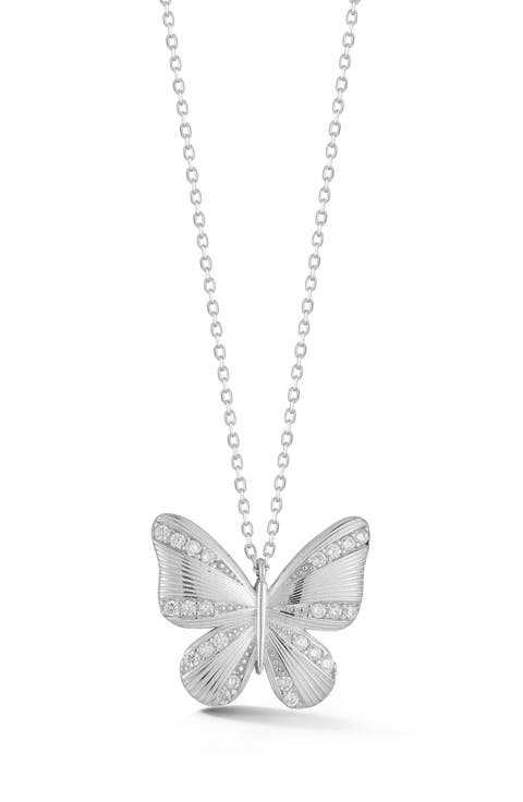 Rhodium Plated Sterling Silver CZ Butterfly Pendant Necklace