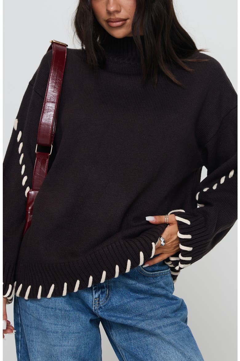 Leizure Whipstitch Trim Turtleneck Sweater, Main, color, BROWN