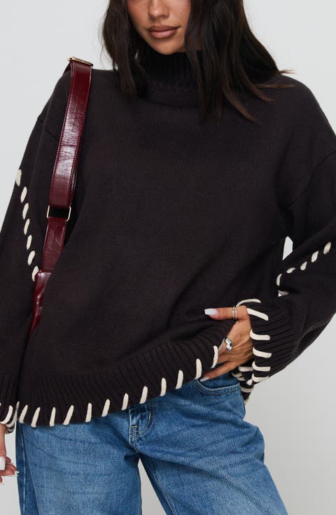Leizure Whipstitch Trim Turtleneck Sweater
