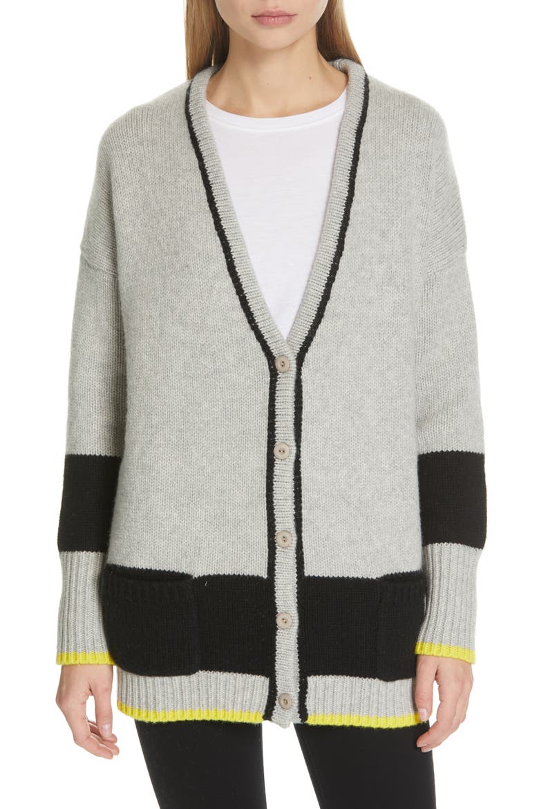 Martha Wool & Cashmere Cardigan, Main, color, GREY MARLE/ BLACK/ YELLOW