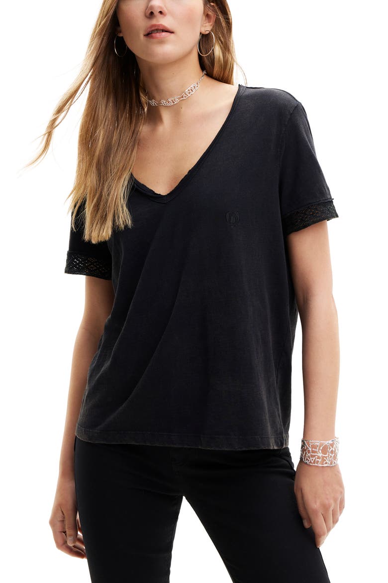 Openwork V-Neck T-Shirt, Main, color, BLACK