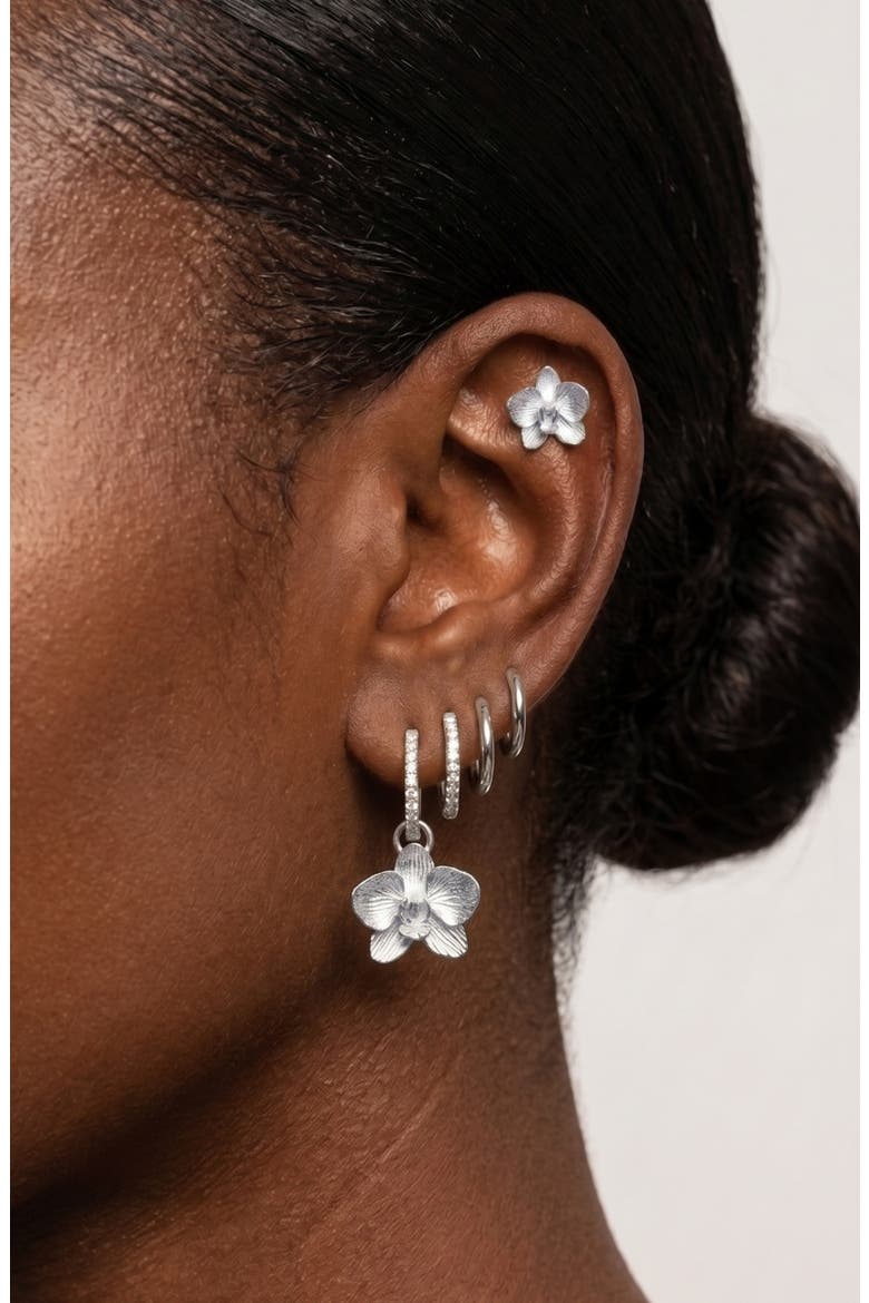 Set of 9 Orchid Hoop, Stud & Drop Earrings, Alternate, color, SILVER