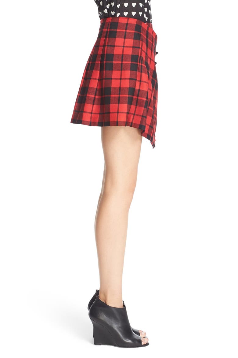 Leather Trim Plaid Wool Skirt, Main, color, BRIGHT RED