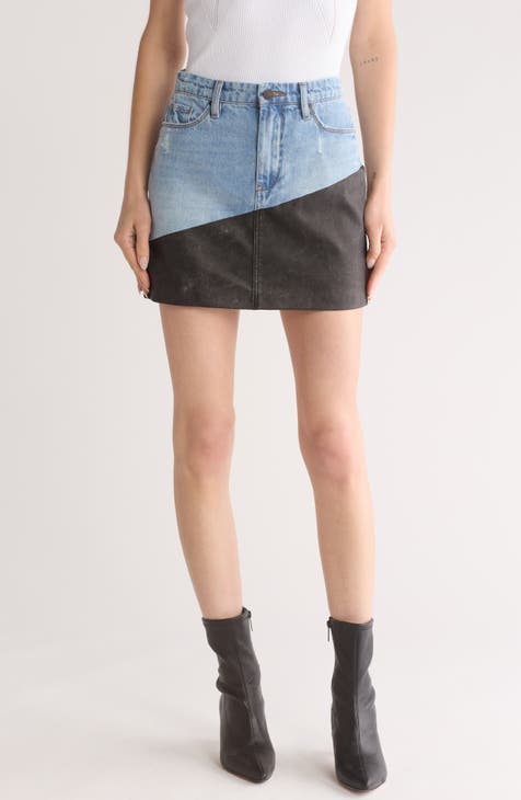 Mixed Denim & Faux Leather Miniskirt