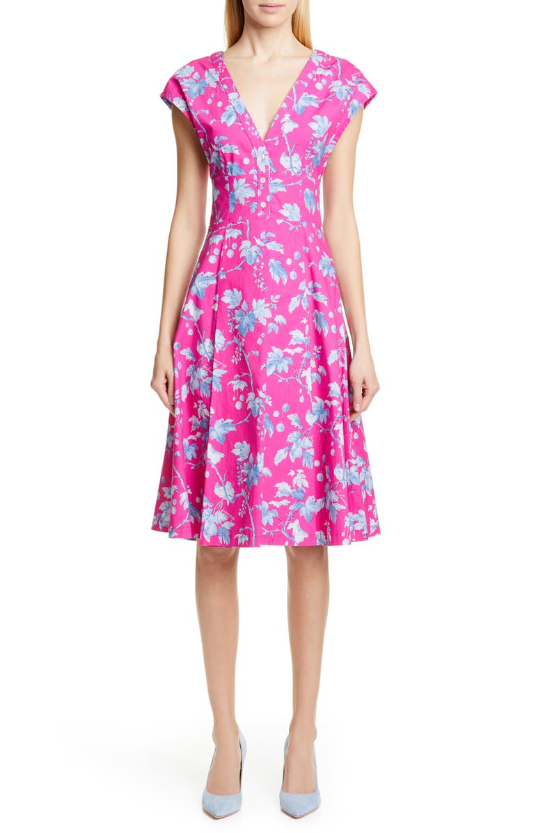 Carolina Herrera Leaf Print Stretch Cotton Dress, Main, color, 