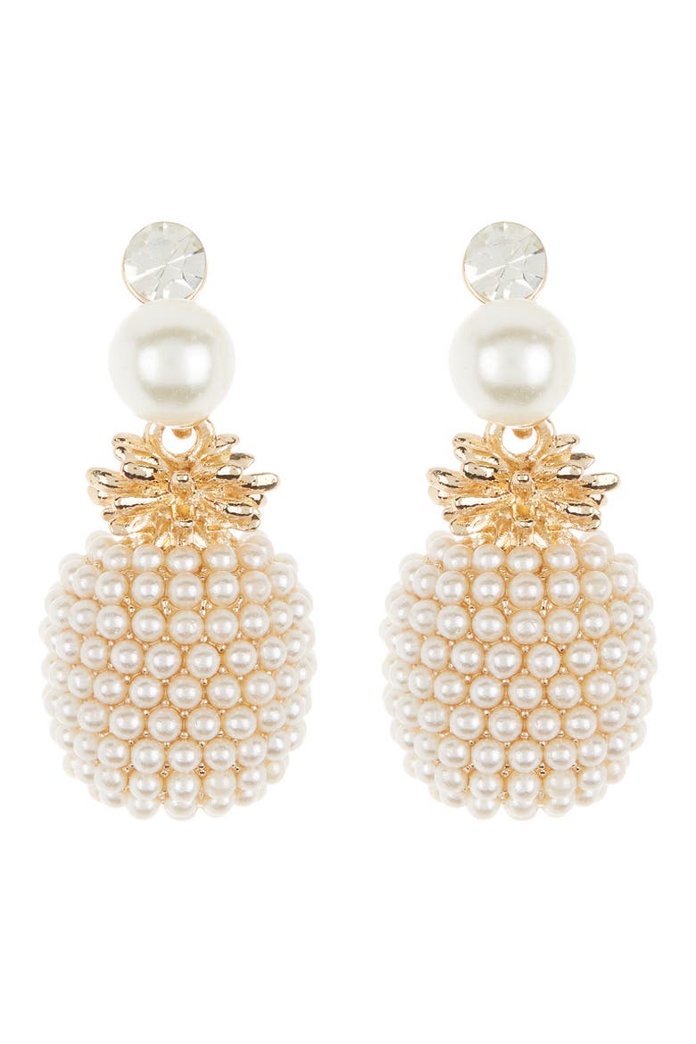 Pineapple Crystal & Imitation Pearl Drop Earrings, Main, color, GOLD