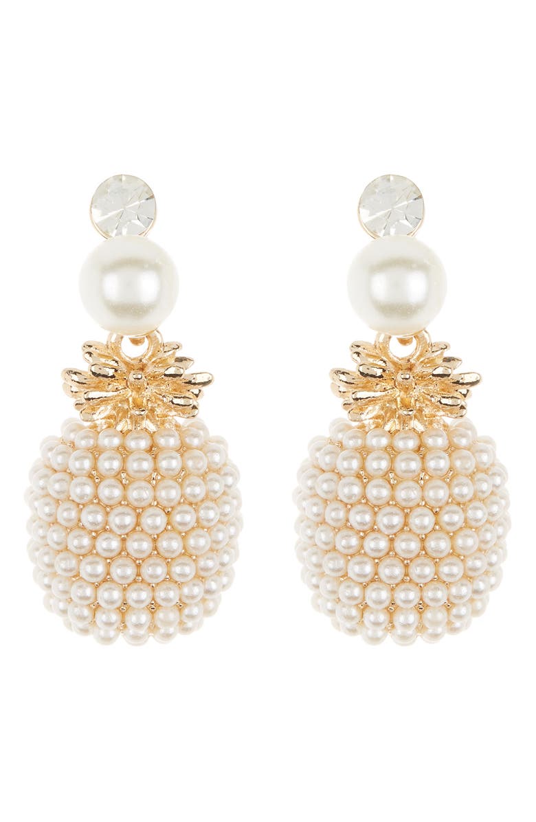 EYE CANDY LOS ANGELES Pineapple Crystal & Imitation Pearl Drop Earrings, Main, color, Gold