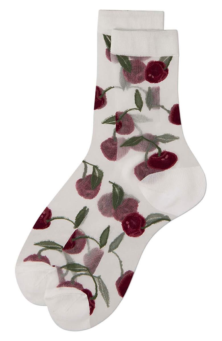 MeMoi Cherry Sheer Crew Socks, Main, color, White