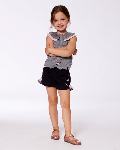 Deux Par Deux Little Girl's Crinkle Short With Frills Black And Butterflies In Black And Butterflies