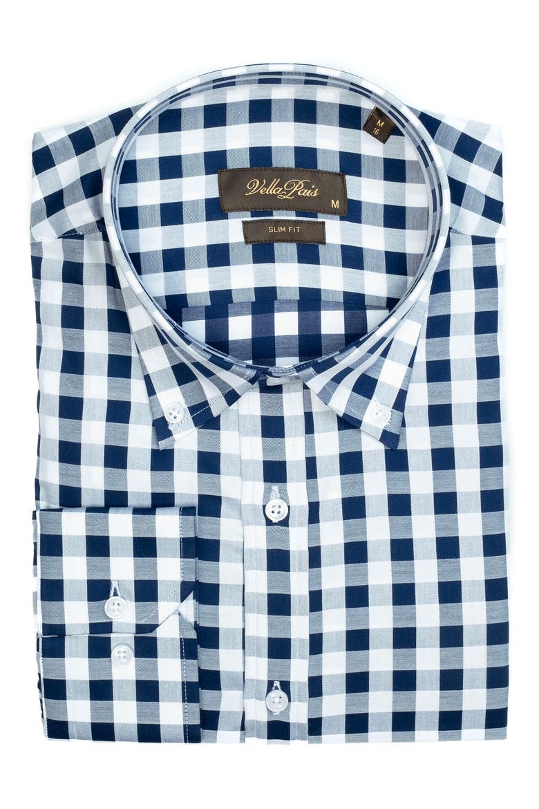 Gingham Cotton Slim Fit Button Down Shirt, Alternate, color, NAVY BLUE