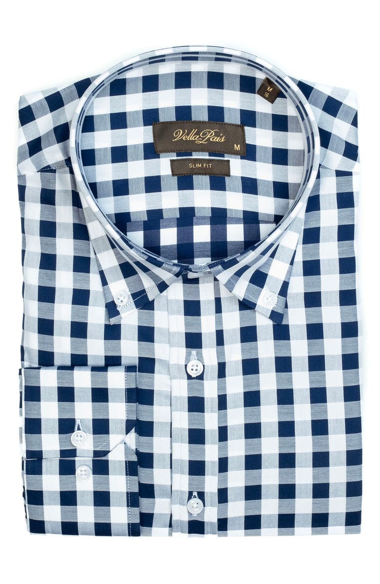 VELLAPAIS Gingham Cotton Slim Fit Button Down Shirt, Alternate, color, Navy Blue